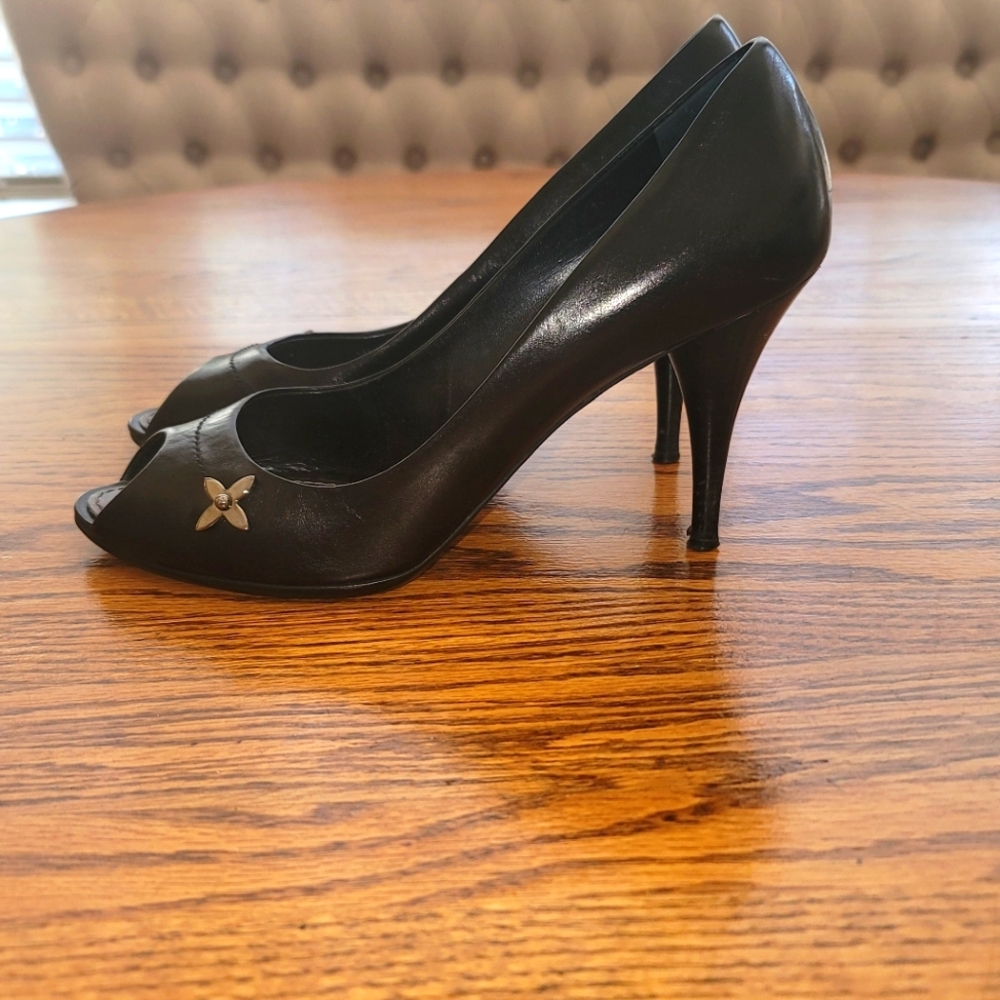 Louis Vuitton Black Genuine Leather Logo Peep Toe Sandal Shoes Pumps Heels